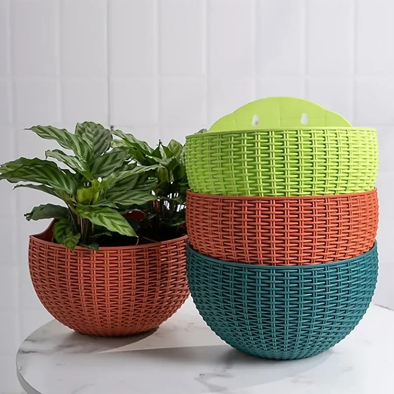 Imitação de rattan fixado na parede semi-circular cesta de flores sem perfuração ao ar livre jardim varanda vasos de flores hidropônicas decoração de casa