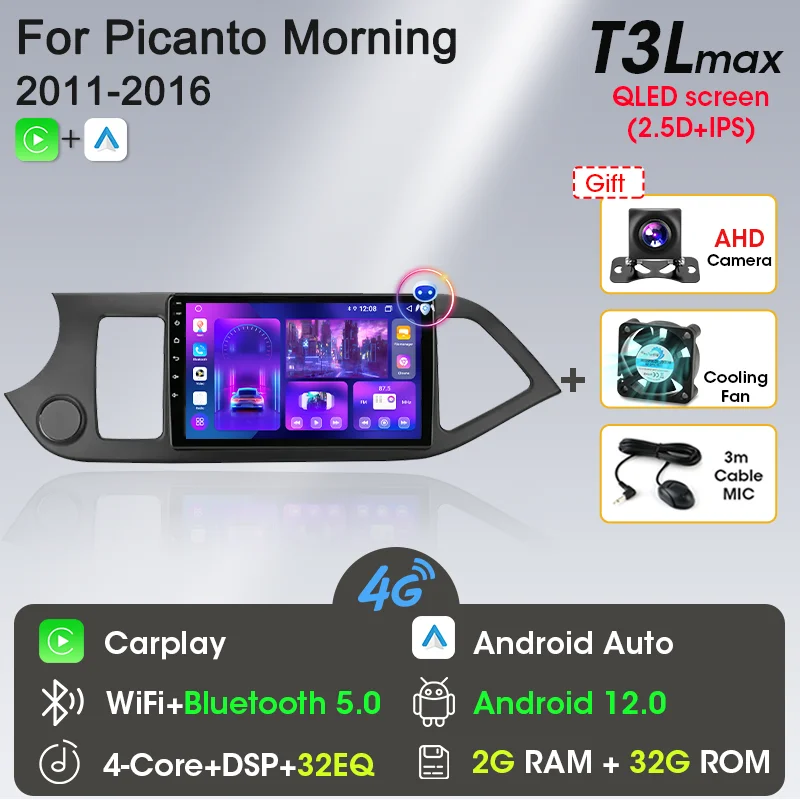 2 Din Android 12 Autoradio Carplay voor KIA PICANTO Ochtend 2 2011 2012 2013 2014 2015 2016 Multimedia Speler navigatie DVD Hoofd