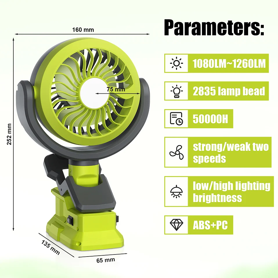 Cordless Fan Lighting 2 in 1 Portable Fan Outdoor Camping Lighting Fit For Ryobi 18V  Lithium Tool Battery Fans Air Cooler New