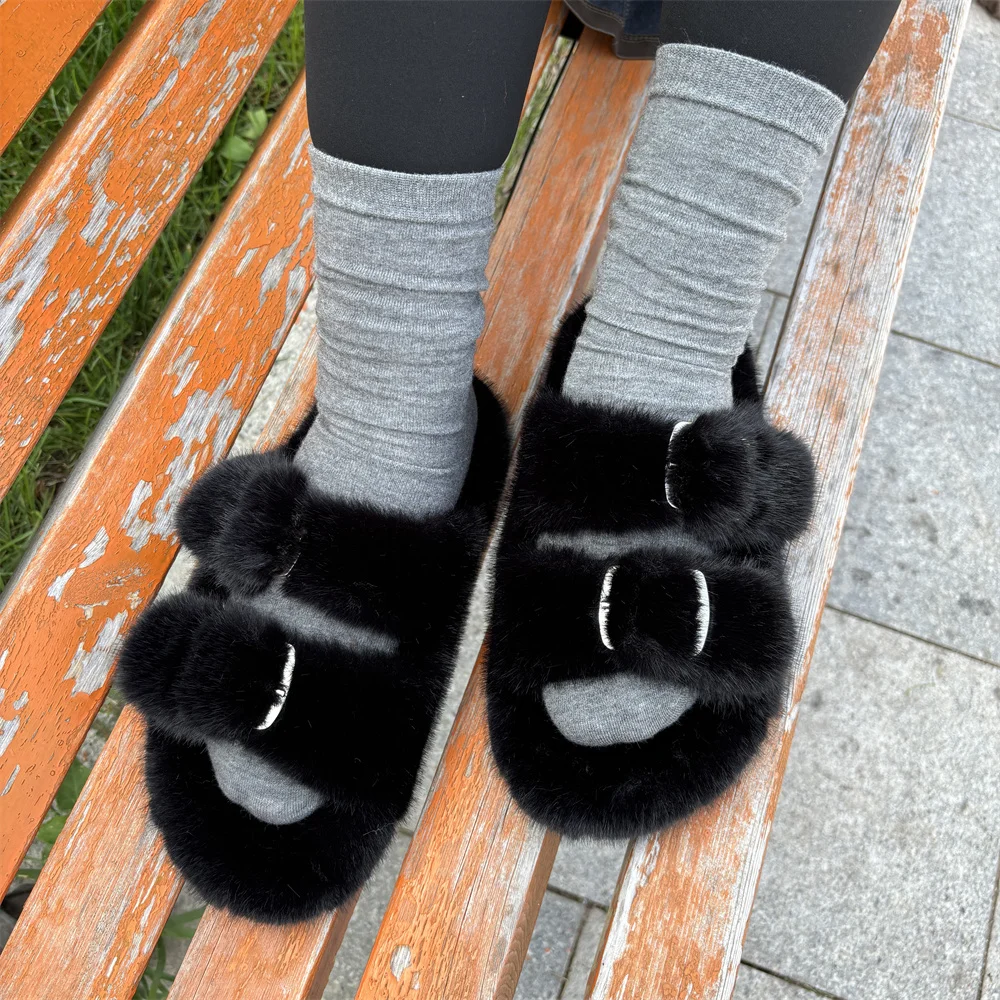 Kobieta Furry Ladies Fur Luxury Mink Fluffy Plush Slipper House Soft Fuzzy Platform Indoor Casual Winter Home Warm High Heels