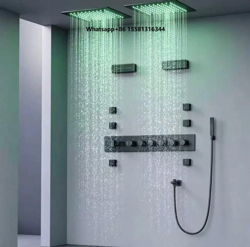Modern Bathroom Shower Set System with Dual LED Rain Heads 6 Body Jets and Handheld Concealed Valve for Spa Bathroom