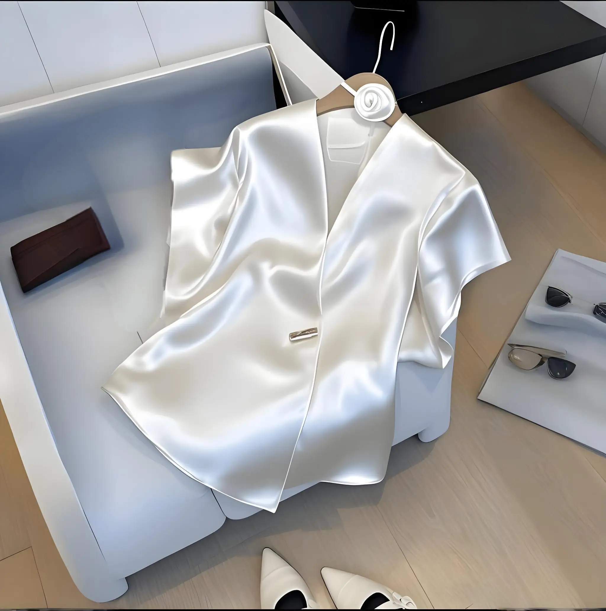 

French Chic Light Luxury Acetate Blouse Summer New High-End Exquisite Sophisticated Versatile Women's Top Elegant