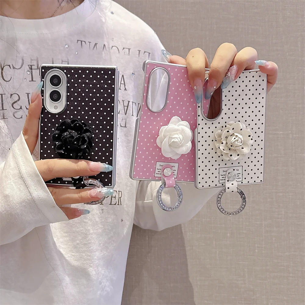 Polka Dots 3D Flower Diamond Ring Phone Case For Samsung Galaxy Z Fold 8 Ultra Z Fold 7 6 5 4 Shockproof Protective Cover Girls