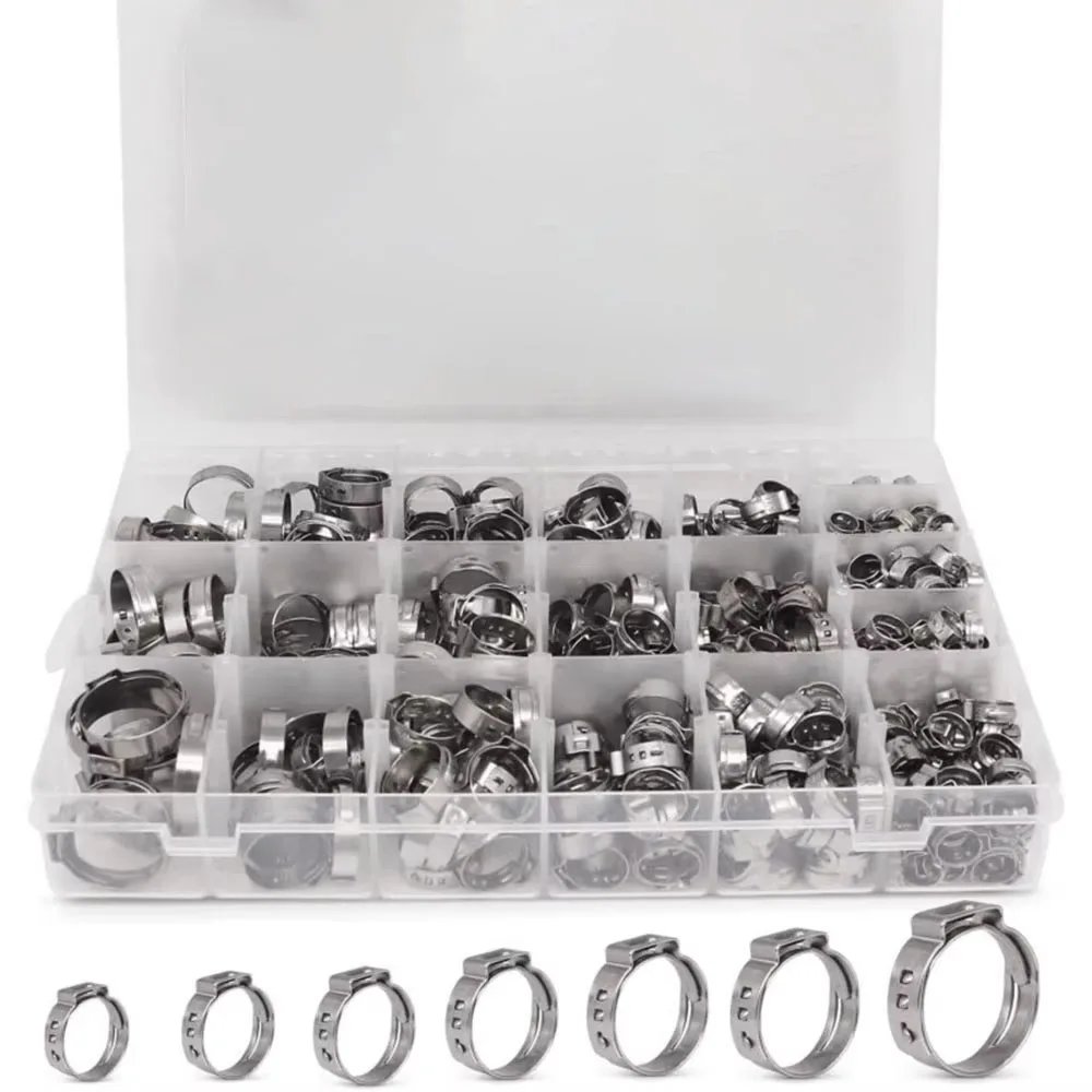 170 Pcs Single Ear Hose Clamp, 11 Sizes 1/4-1 Inch Crimp Stepless Cinch Rings Crimp Assortment Kit For Plumbing Hoses Clamps
