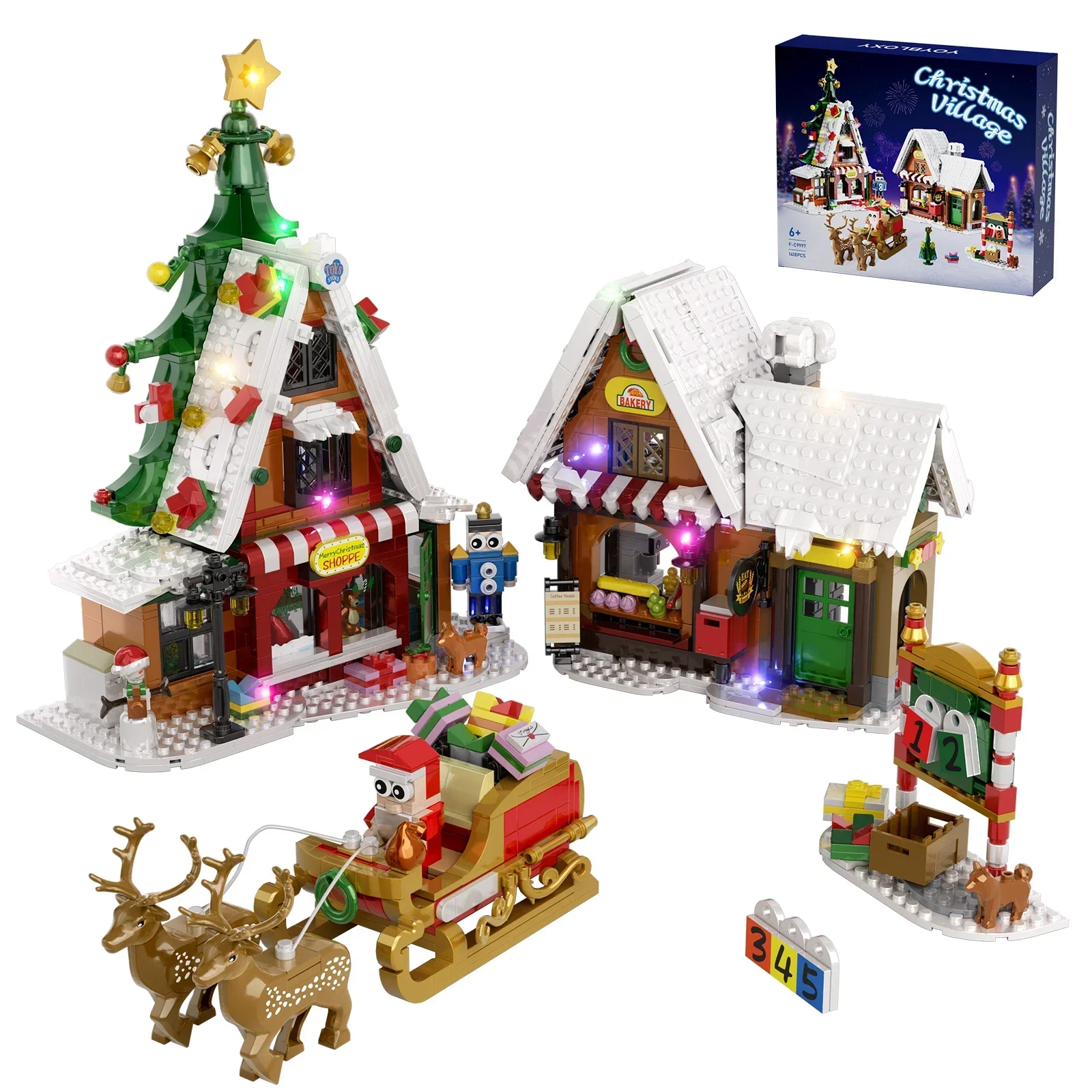 Christmas Village Building Block Set Architecture House Model with Lights Decorations 1418 Pieces Bricks Toys for Children Gifts