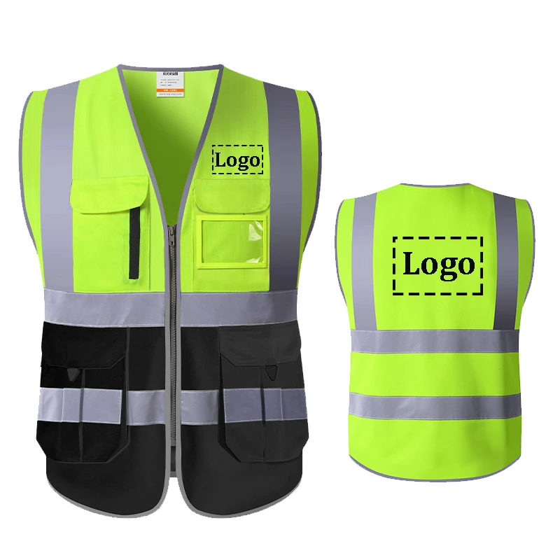 Logo Custom Hi Vis Viz High Visibility Reflective Zip Pocket Security Waistcoats Jacket Workwear Vest