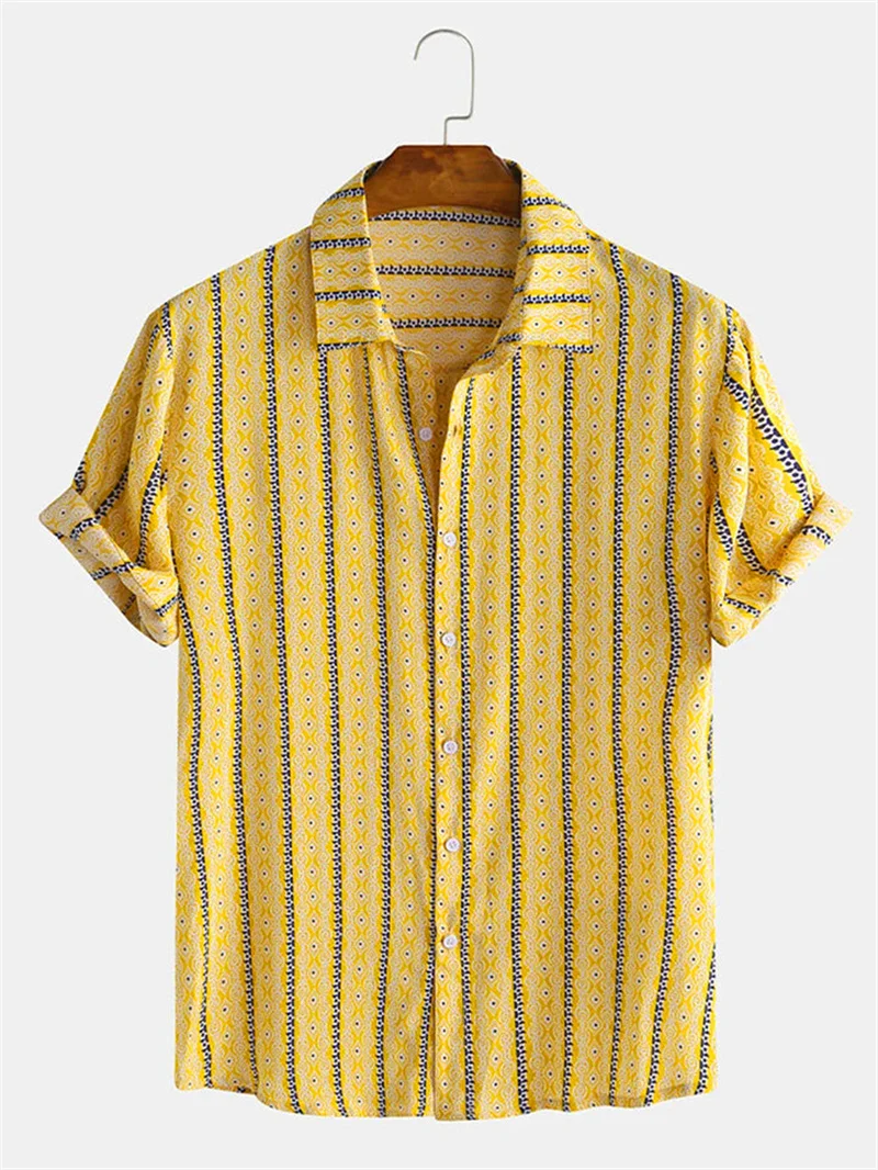 

Yellow minimalist striped short sleeved retro shirt with artistic large pattern fashion 2024 Hawaiian shirt men's button up shir