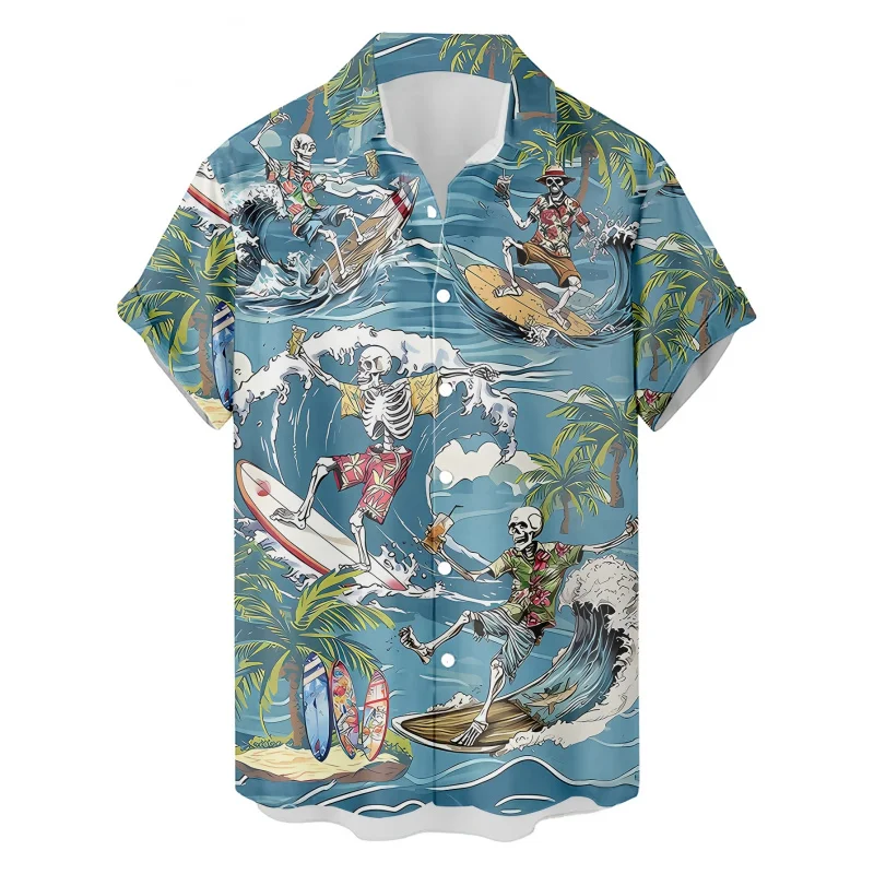 

Men'S Hawaiian Surfing Skeleton Print Shirt, Casual Hip-Hop Rock Style, 3D Print Polyester 95% Spandex 5% Short Sleeve, Summer W