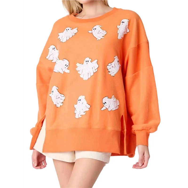 

ABAH-свитшот на Хэллоуин с блестками для женщин, блестящий танцевальный жуткий сезон, пуловер с круглым вырезом на Хэллоуин, оранжевый цвет M