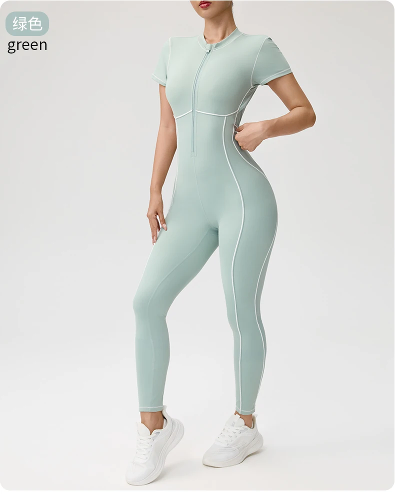 Einteiliger Yoga-Jumpsuit für Damen mit Brustpolster, Leggings, kurzen Ärmeln, rückenfrei, schmale Passform, Sport-Outfit, hohe Elastizität, weicher Komfort – Detail 10