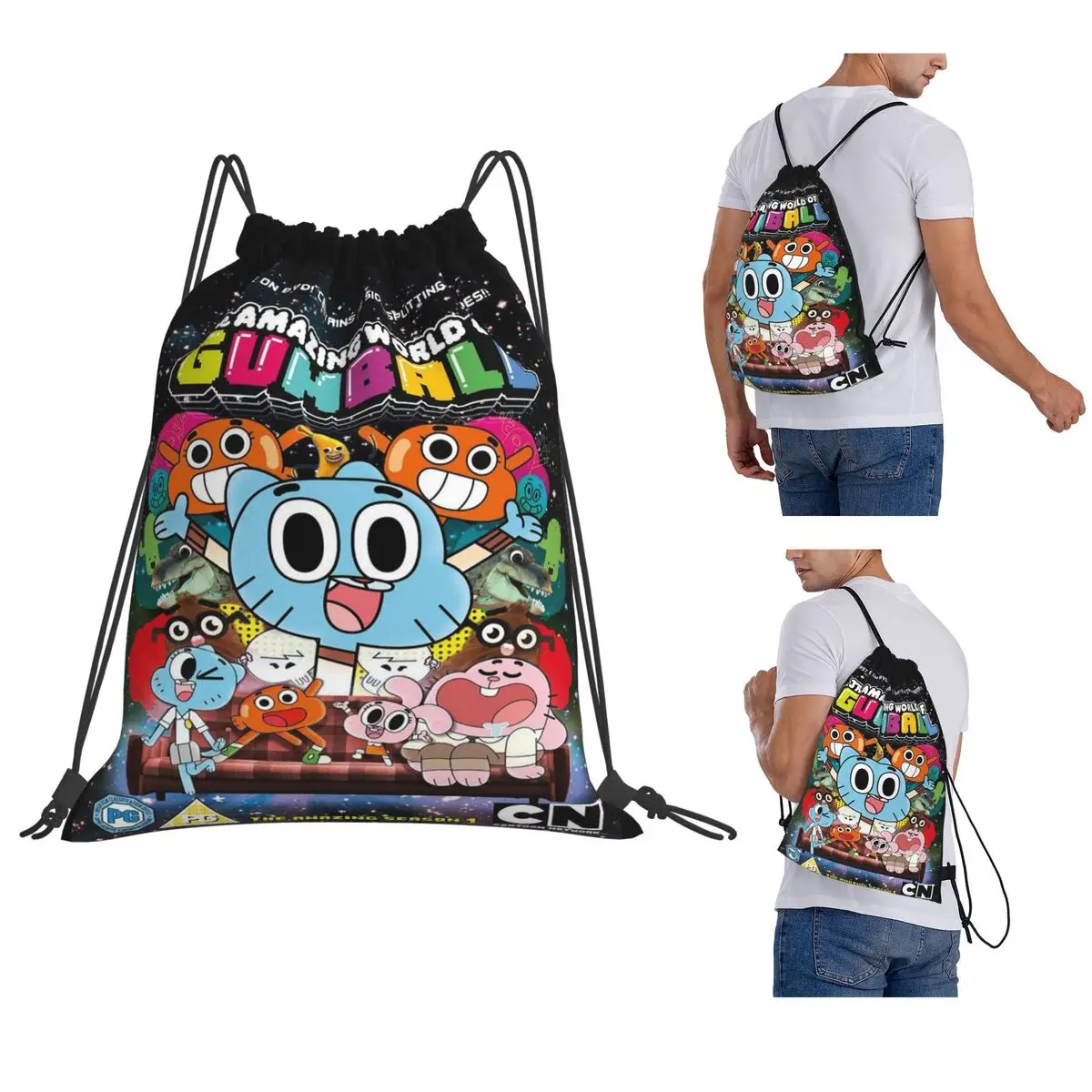 The Amazing World Of Gumball Cartoon Backpacks Fashion Drawstring Bundle Pocket Storage Bag Book Bags for Man Woman School