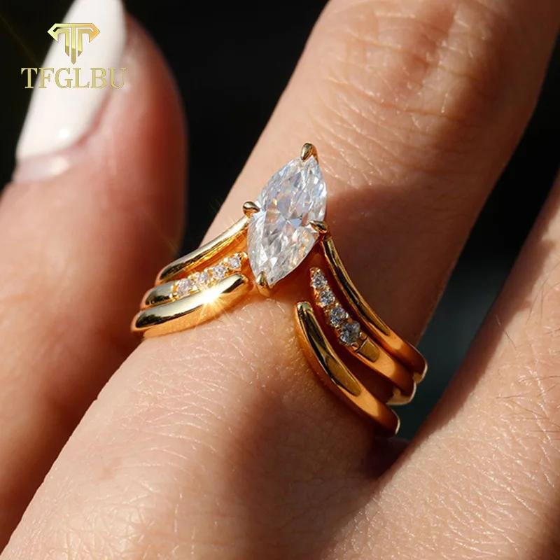 

TFGLBU Trendy D VVS1 Marquise Moissanite Ring Set for Women Real 18k Plated Lab Diamond S925 Silver Party Wedding Band Jewelry