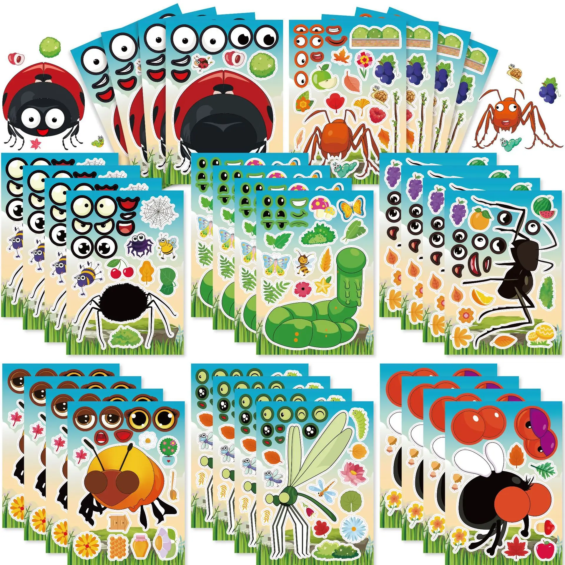 16 Blatt niedliche Insekten-Tiere, die ein Gesicht herstellen, Puzzle-Aufkleber, interaktives Lernpuzzle für Eltern und Kinder, Geburtstagsparty-Geschenke