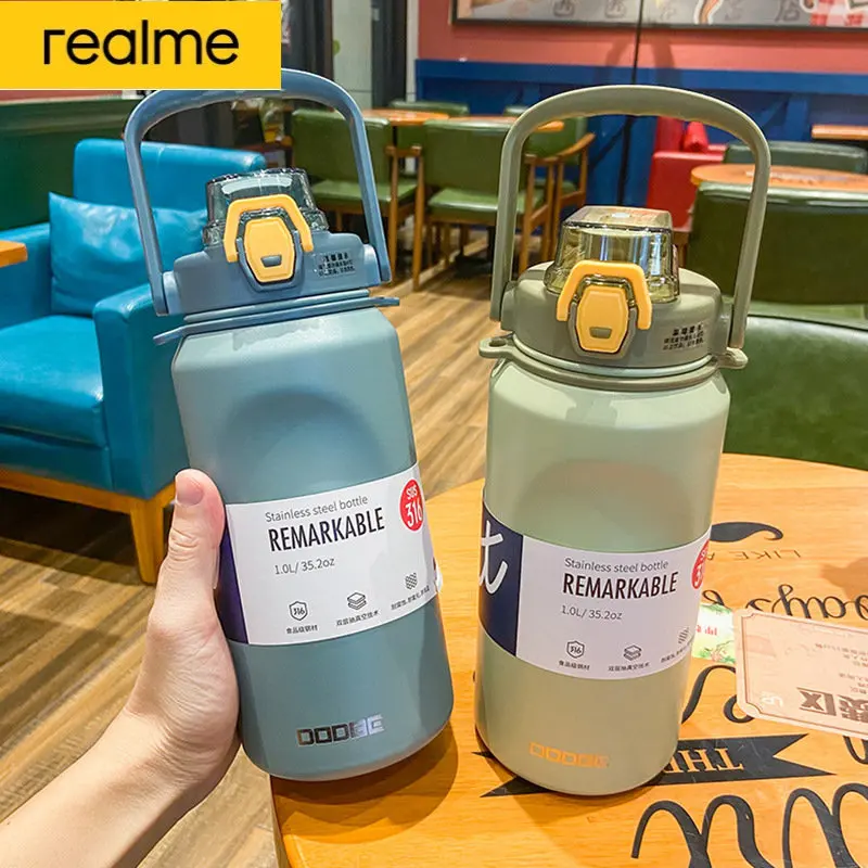 

realme Capacity Portable Thermal Water Bottle Portable Outdoor Stainless Steel Straw Cup Girls Fitness Sports Car Water Cup