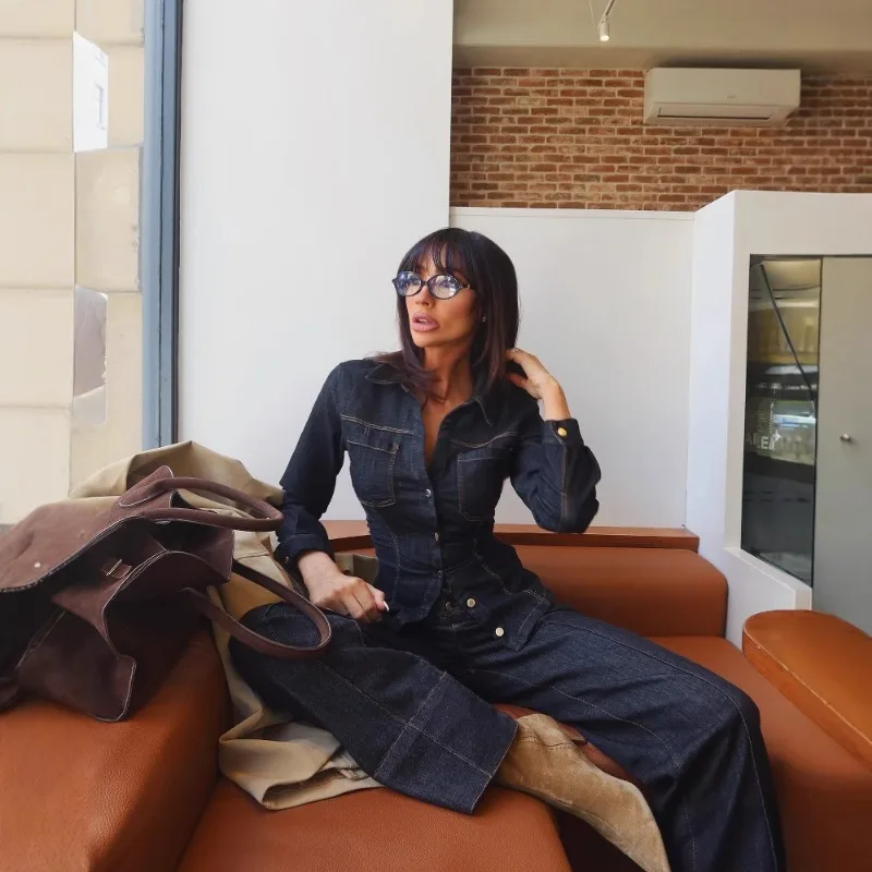 الأمريكية INS الأزياء طوق مشرق موضوع الديكور جيب مزدوج فضفاض تنوعا الجينز قطعتين مجموعة الملابس النسائية