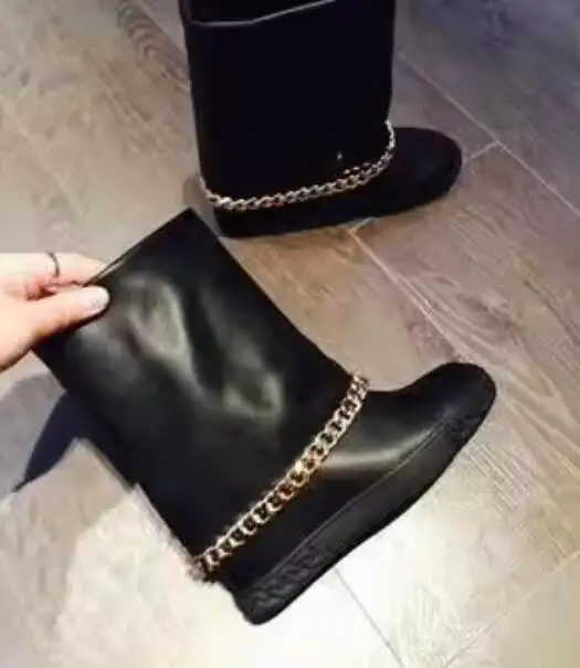 Beige Blue Cow Suede Foldover Metal Chains Decor Wedge Boots Round Toe Rubber Sole Inner Height Increasing Women Mid Boots