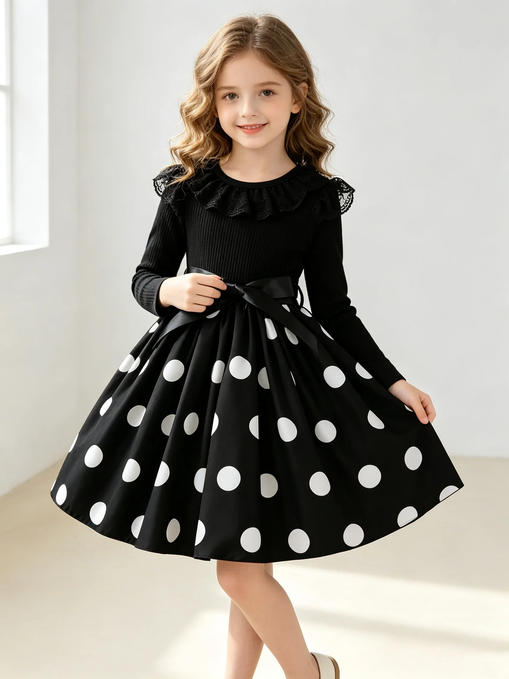 Vestido Infantil de Verão com Gola Redonda e Manga Longa, Elegante, Cor Sólida, Saia Midi com Poás, Casual