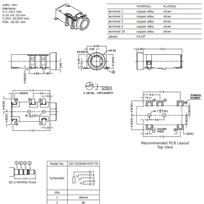 SJ2-35364B-SMT-TR 12V 1A SMT Audio Jack with Tip Switch Low Profile Design 5000Cycles for Medical/Professional Audio