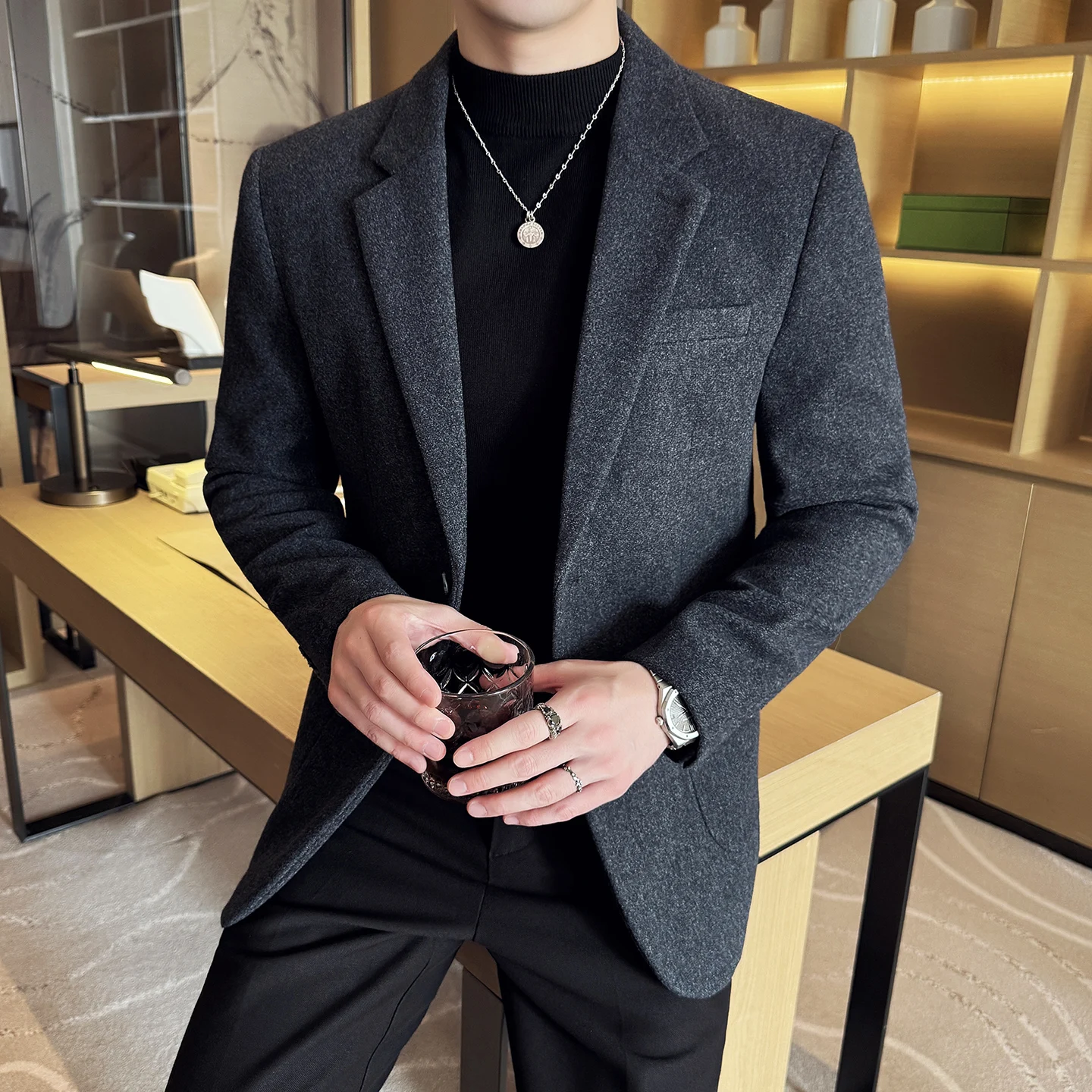 

Качественный зимний шерстяной пиджак для мужчин, корейский роскошный приталенный однобортный мужской повседневный пиджак, деловая официальная одежда, пальто