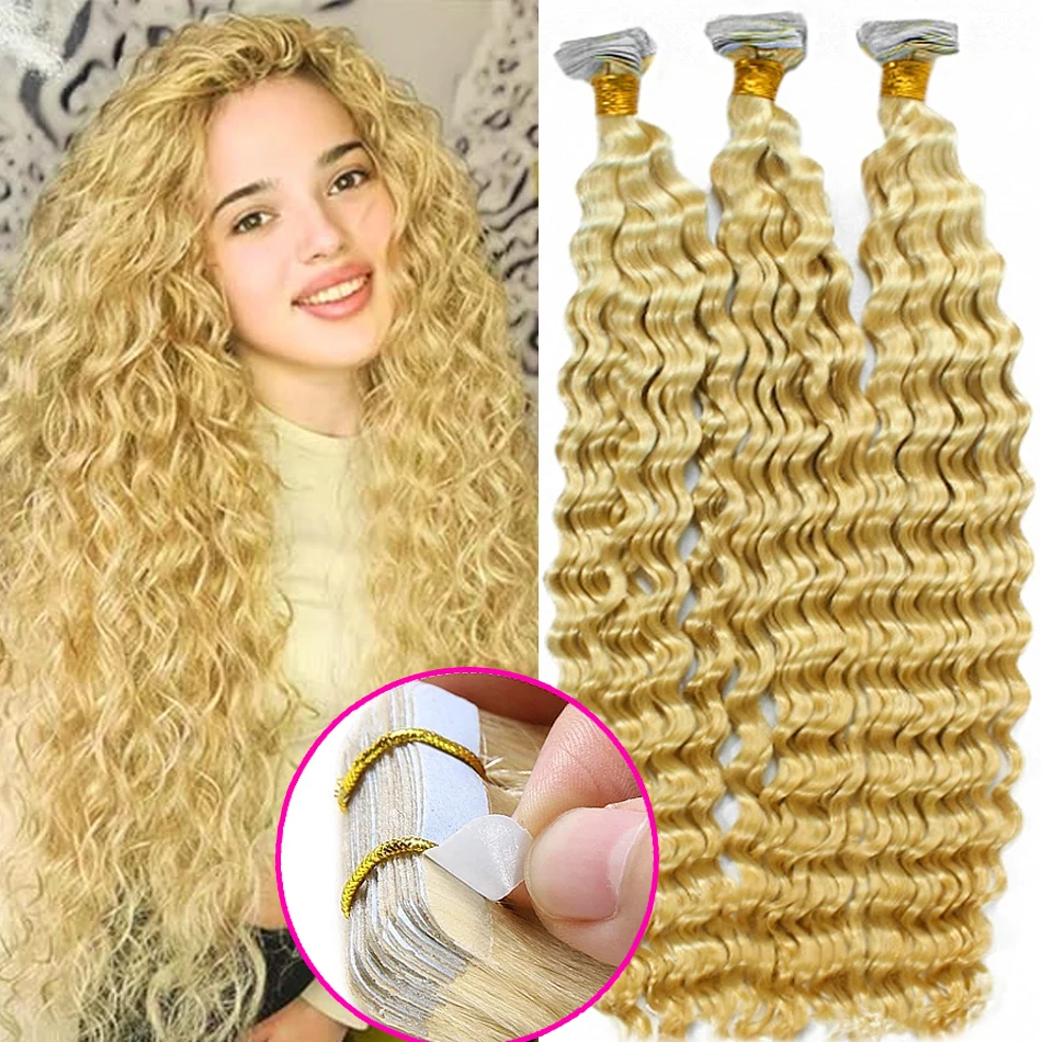 Ekstensi Rambut Manusia Deep Wave, Rambut Keriting Bergelombang Hitam Alami, Ekstensi Rambut Tempel Double Drawn, 100% Rambut Manusia Virgin