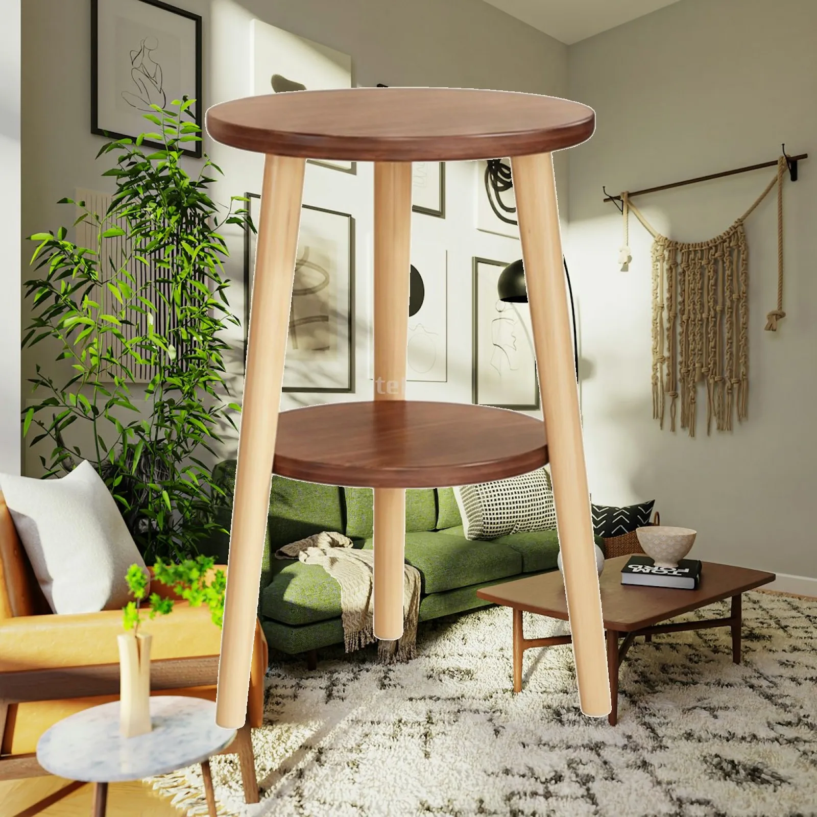 Round Wooden Plant Display Stand Two Tier Shelf for Potted Flowers Bonsai Holder for Living Room Corner Decor