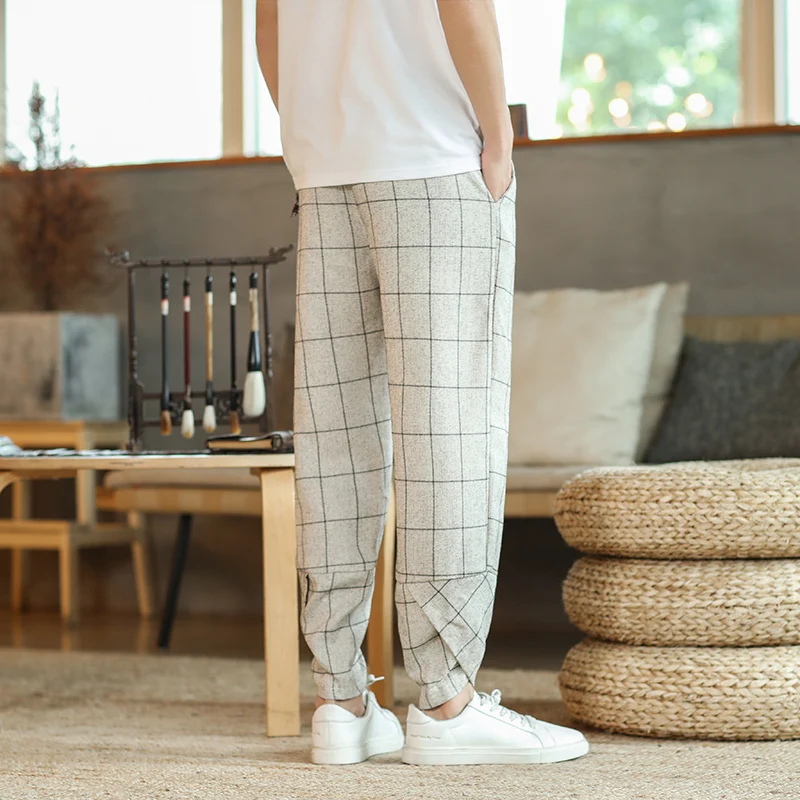 Plaid Harem Pants 2024 New Cotton Linen Drawstring Trousers Streetwear Hip Hop Fitting Jogging Loose Casual Pencil Pants