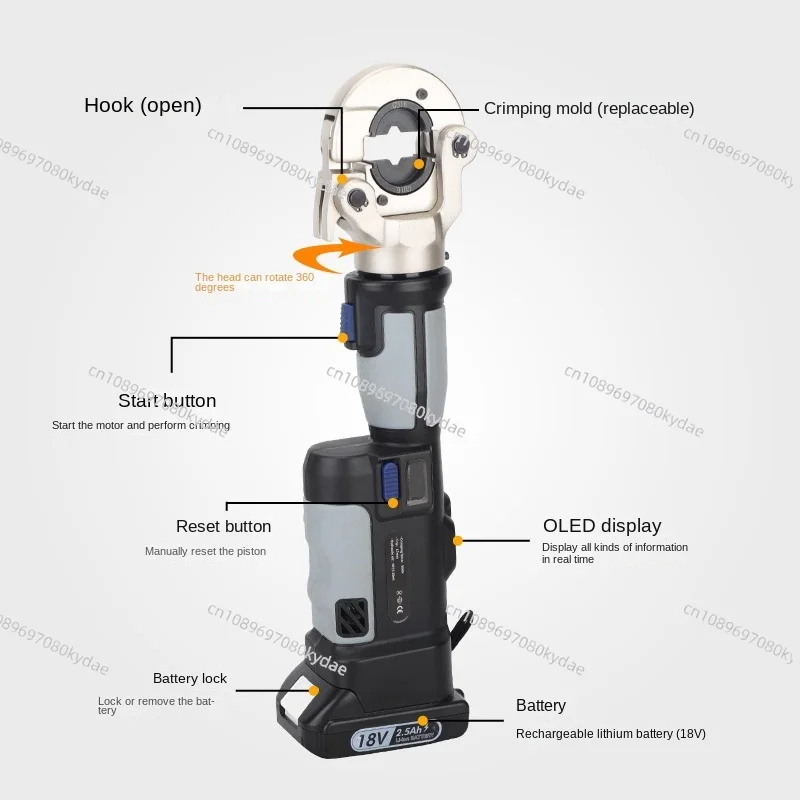 PZ-300 Portable Battery Hydraulic Crimping Plier Cordless Electric Crimper for 16-300mm Copper Aluminum Cable Lug