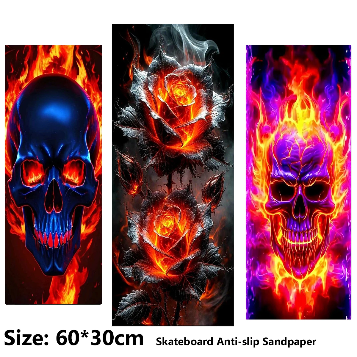 Electric Scooter Anti-slip Sticker Sandpaper Skateboard GripTape Sheet 60*30cm Flaming Skull and Rose Pattern