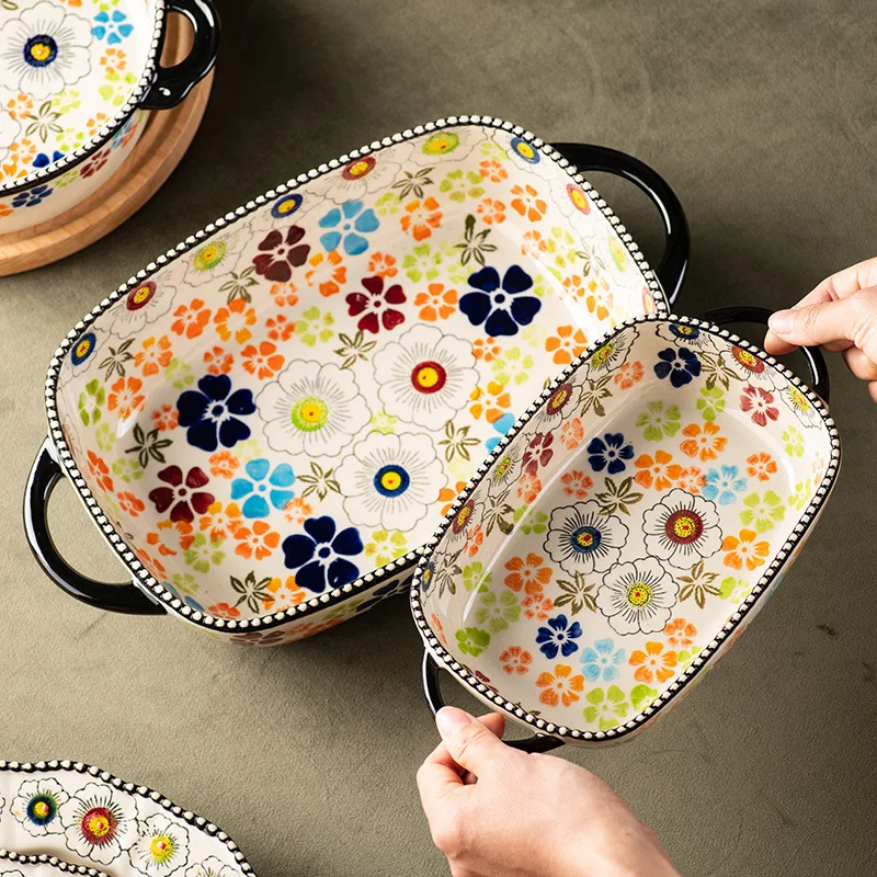 

Creative Polish Hand-painted Relief Ceramic Bowl With Handle Rectangular Dining Plate,Baked Rice Tableware Fish Dish Baking Tray