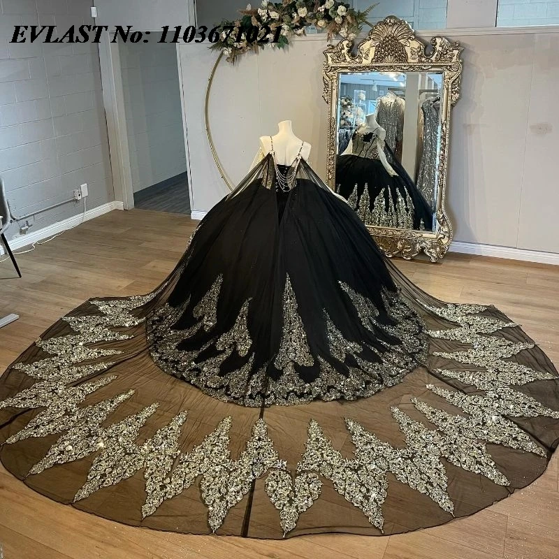 EVLAST Shiny Black Quinceanera Dress Ball Gown Gold Lace Applique cristalli di perline corsetto Sweet 16 Vestidos De XV 15 Anos SQ97