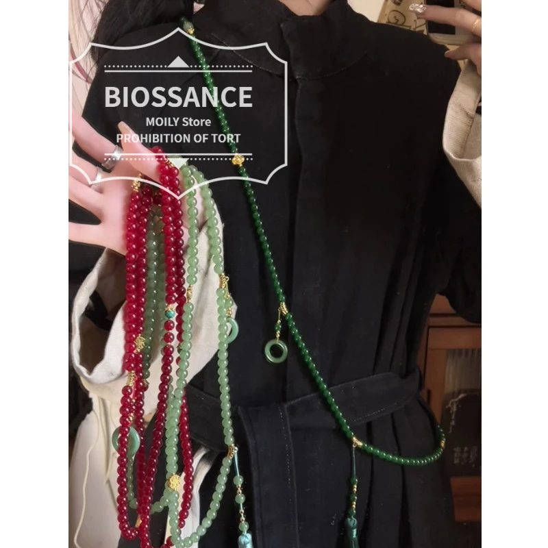 BIOSSANCE New Fashionable And Exquisite New Chinese Style Long Green Beaded Necklace For Women Ethnic Style Jewelry Accessories