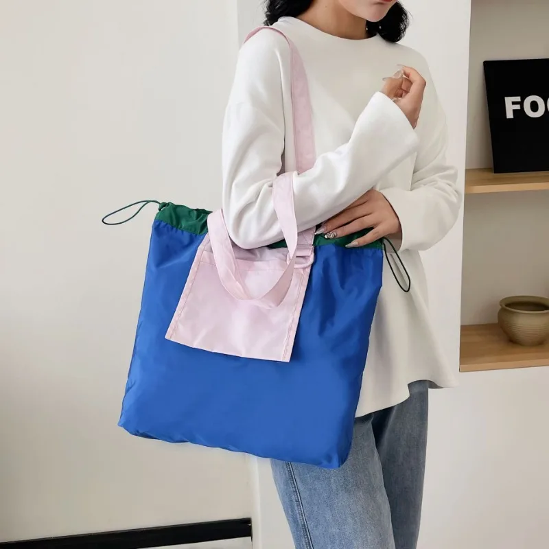 New Drawstring Patchwork Colour Large Capacity Shopping Canvas Bag Hundred Shoulder Bag Casual Commuter Bag Waterproof