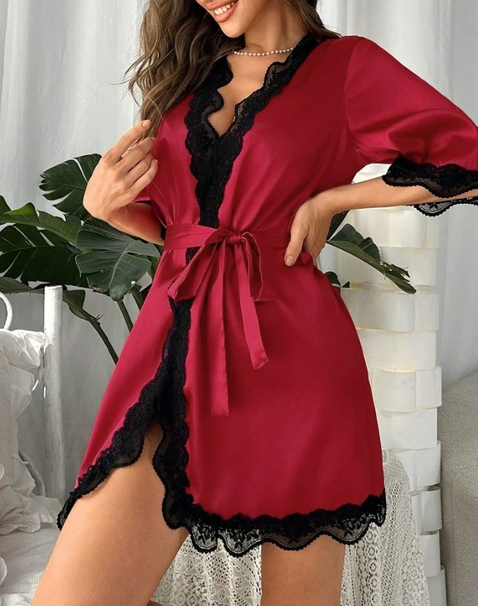 

Hot Selling New Product 2025 Women's Satin Lace Bordered Robe Bridal Bridesmaid Lace Details Nightwear Half Sleeve Mini Robe