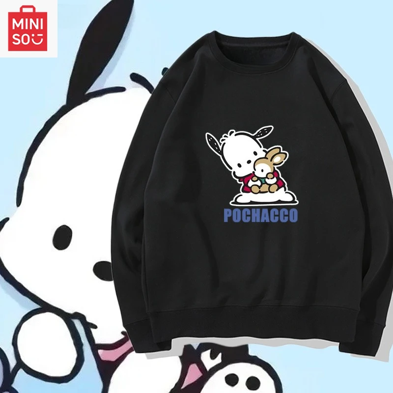 

MINISO коллаборация толстовка с принтом Pochacco, свободная, с длинными рукавами, повседневная и милая с рисунком для девочек и мальчиков