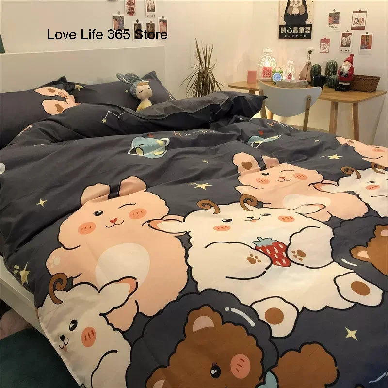 Ins Pink Cute Duck Cartoon Fruit Printed Bedding Set Soft Queen King Size Flat Bed Sheet Quilt Cover Pillowcase Kawaii