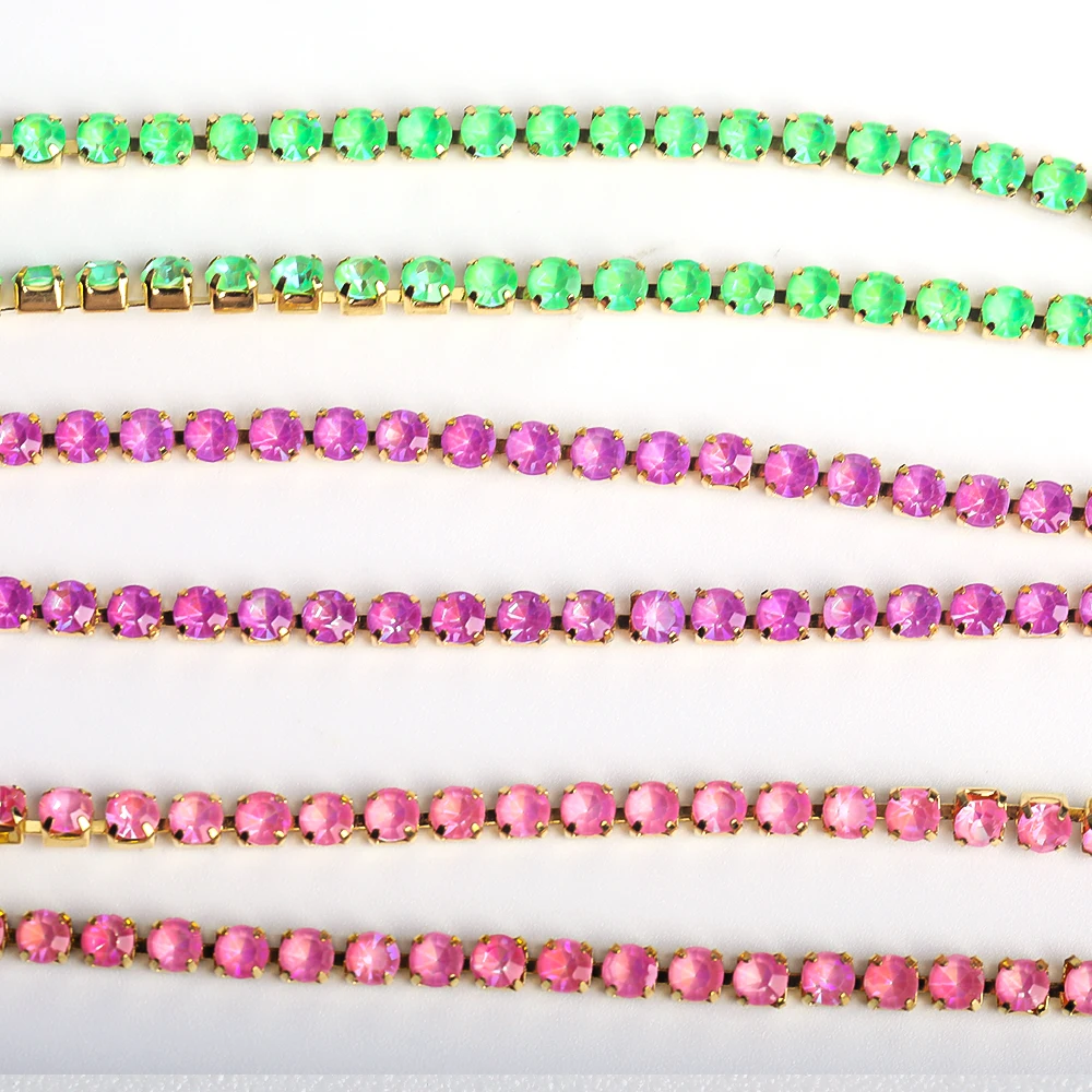 VC Gold base Fluoresce AB Glass Crystal Rhinestone Cup Chain Sew On Diamond Close Chains Glitter Trim sew on Garment