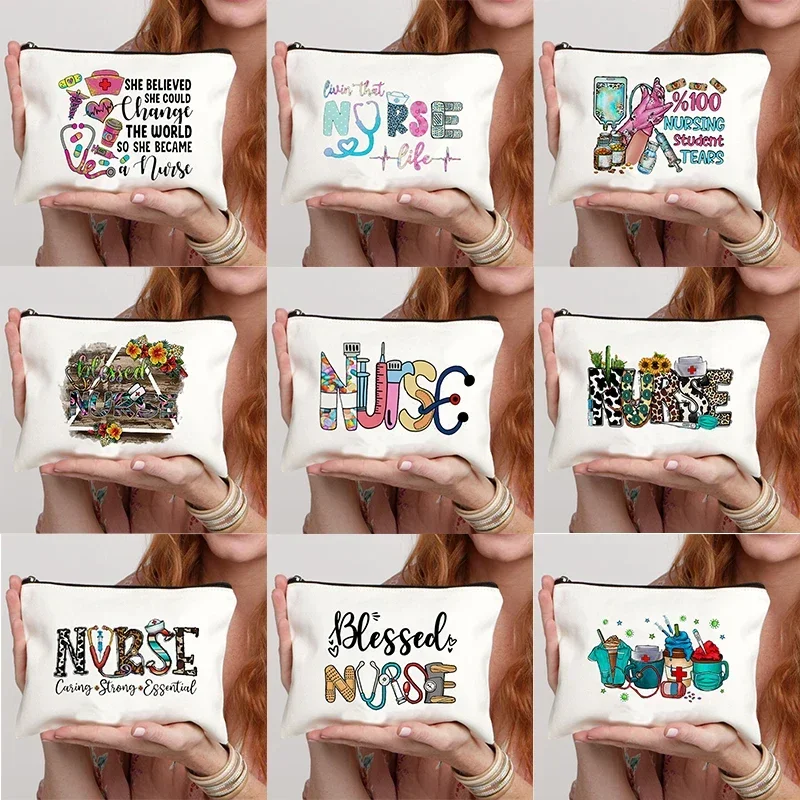 Blessed Nurse Pattern Printed Makeup Bag Gifts For Colleagues Travel Cosmetic Organizer For Ladies Clutch With Zipper Handbag