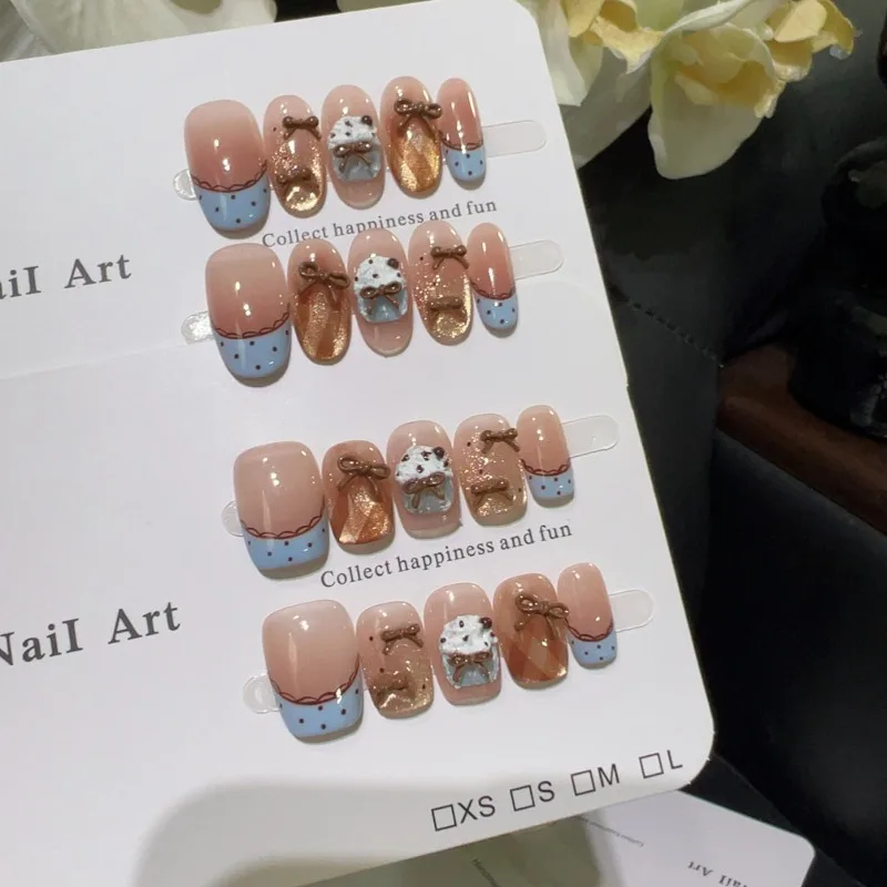 

10pcs Handmade Press on Nails Cute 3D Ice Cream Bow Ties Fake Nails with Sticky Tabs Nail Tips Beautiful prosthetic Nail Set