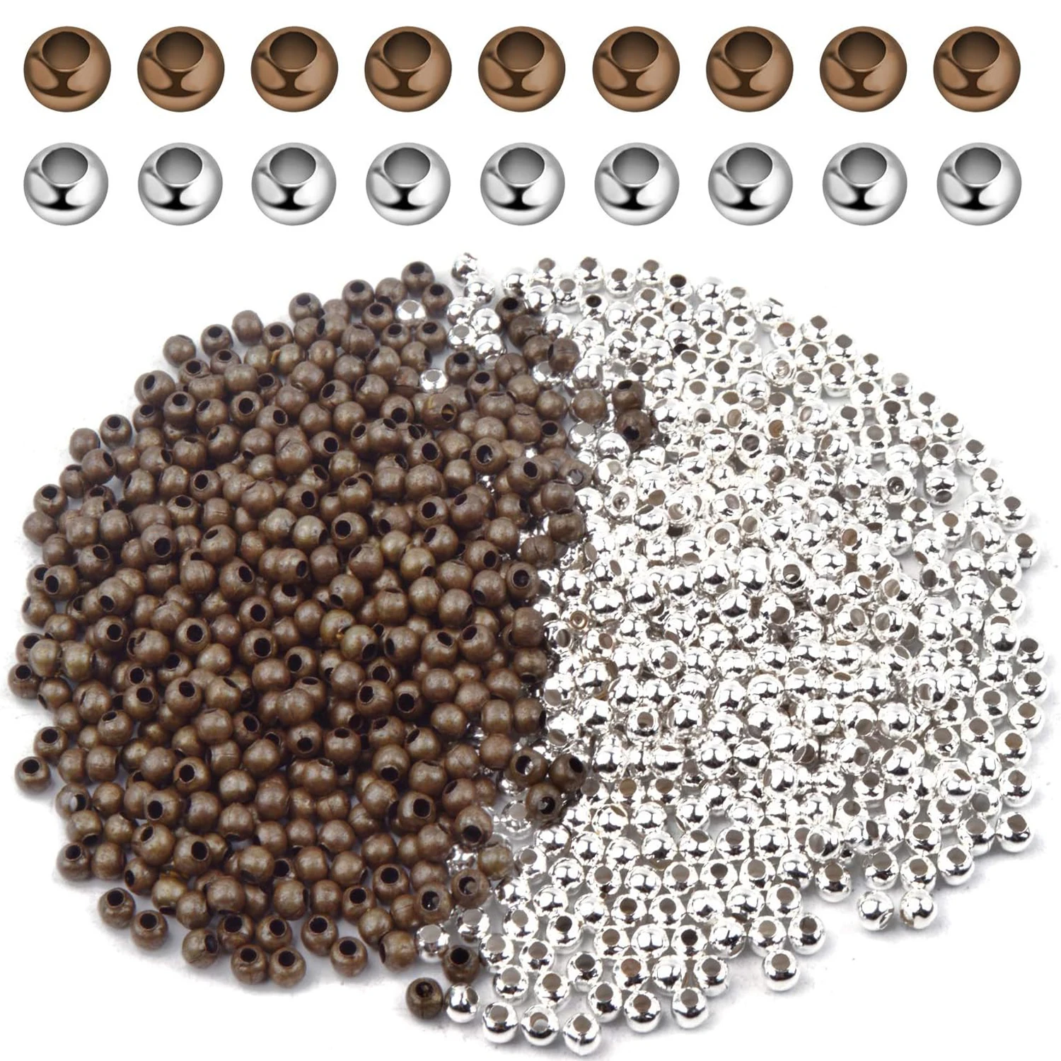 

1000 шт. круглых медных обжимных бусин 3 мм, бронзовые и серебряные, разделители для изготовления браслетов и украшений своими руками