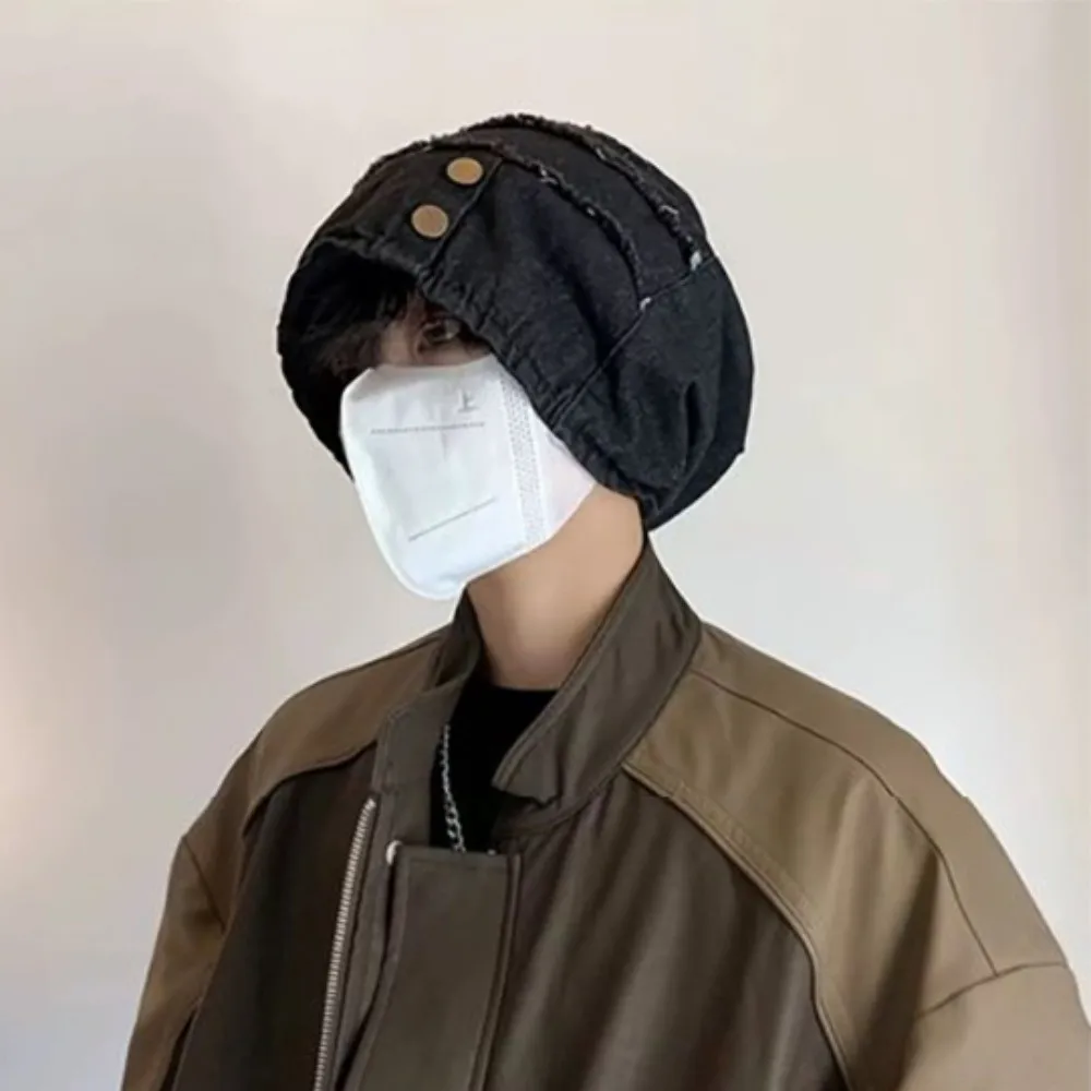 

Casual Vintage Distress Denim Pullover Cap Korean Style Hip Hop Washed Denim Beanie Cool Button Loose Beret Streetwear