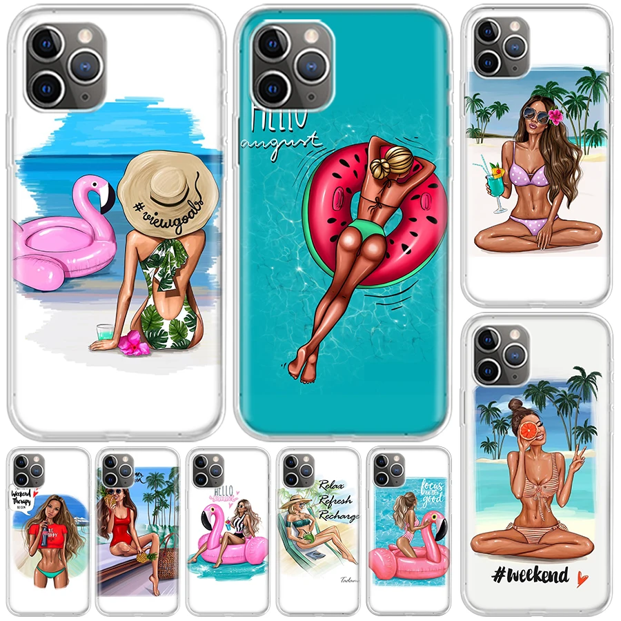 Girl Flamingo Summer Beach Cover For iPhone 16 15 14 13 12 11 Pro Max Apple Phone Case X XS 7 Plus 8 + Art Customized Print Shel