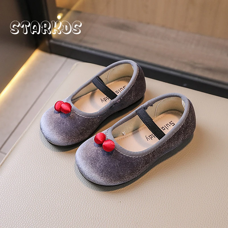 Cute Cherry Ornament Velvet Shoes Baby Girls Vintage Grey Velour Ballet Flats Child Round Toe Elastic Band Ballerina Zapatos