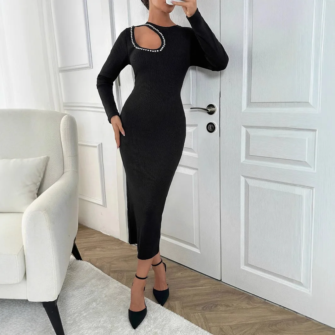 فستان نسائي مثير بقصة ضيقة غير منتظم وأكمام كاملة فساتين طويلة متماسكة ماسية مفرغة ملفوفة على الورك ملابس خروج #3