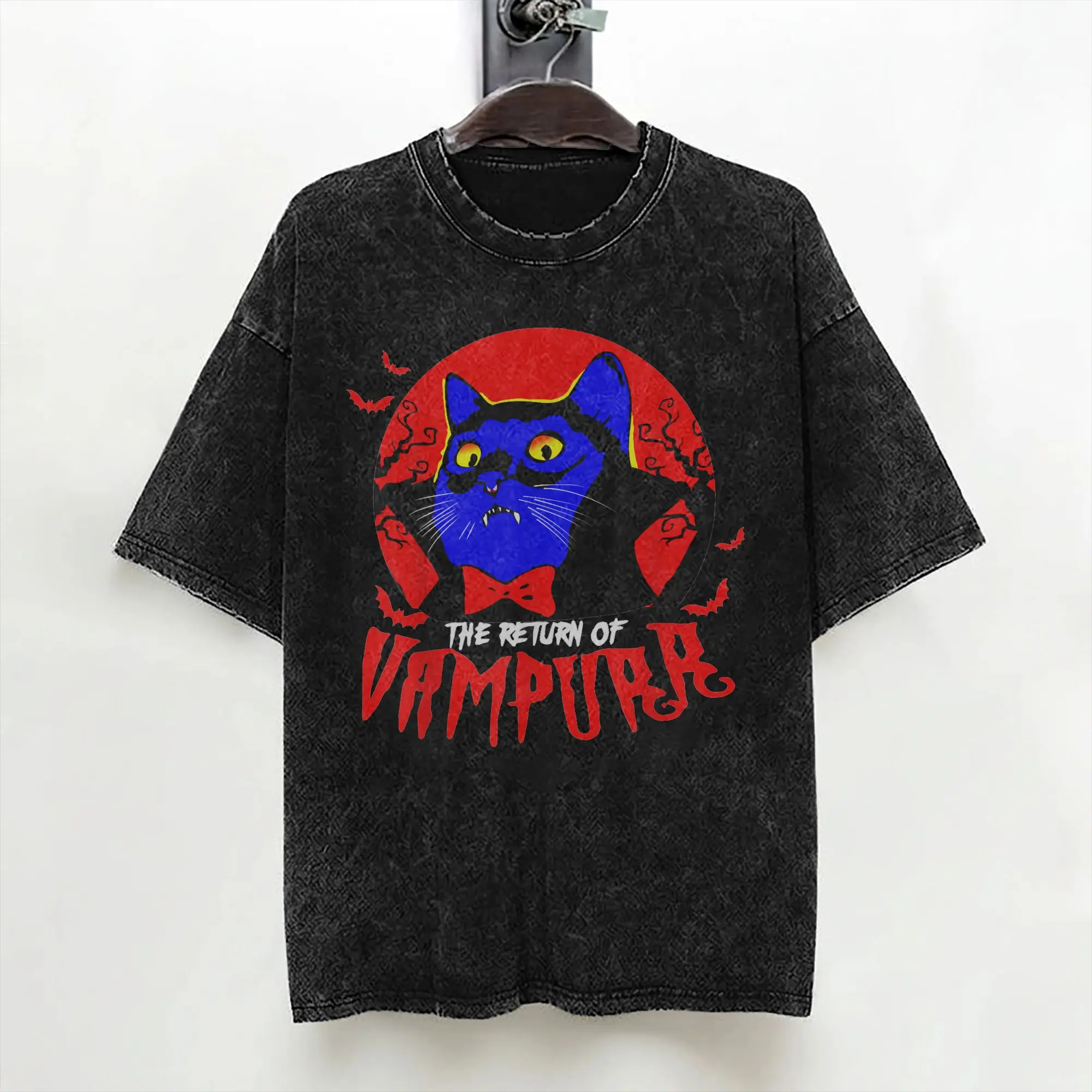 Return of The Vampurr T Shirt Washed Cotton Street T-Shirt Halloween Vampire Cat for Men Women Streetwear Summer Tee Shirt