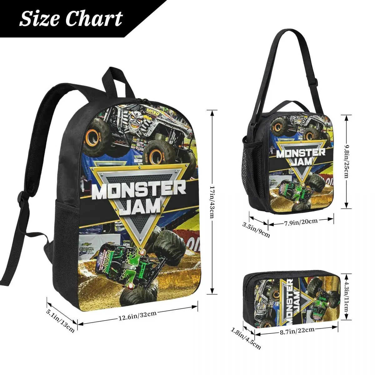 Classic Monster Jam Truck Pattern Backpack Student Boy Girl BookBag School Bag Shoulder Bags 3ps Insulated Lunch Bag Pencil Case