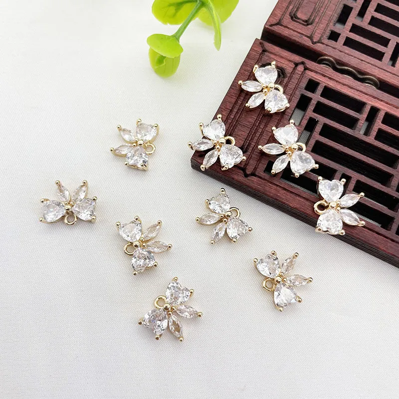 10pcs/ Set Copper gold-plated bow, crystal zircon pendant, earrings, necklace, brooch, handmade DIY jewelry accessories