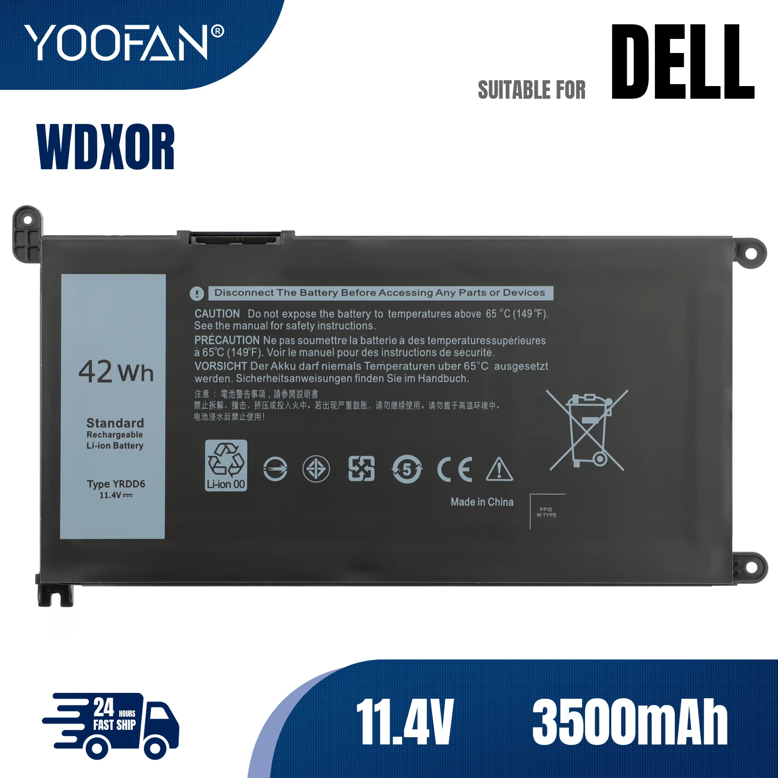 Bateria YOOFAN-WDXOR 42WH, Latitude DELL 3180, 3189, 3390, Vostro 14, 5468, 15, 5568, Inspiron 13, 5379, 17, 5767, 5770, WDX0R