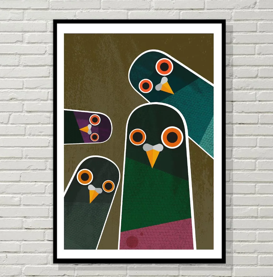 Verspielter geometrischer Tauben-Kunstdruck – Kühne Vogelillustration im Retro-Stil mit lebendigen Farben, perfekte Dekoration für modernes Wohnen