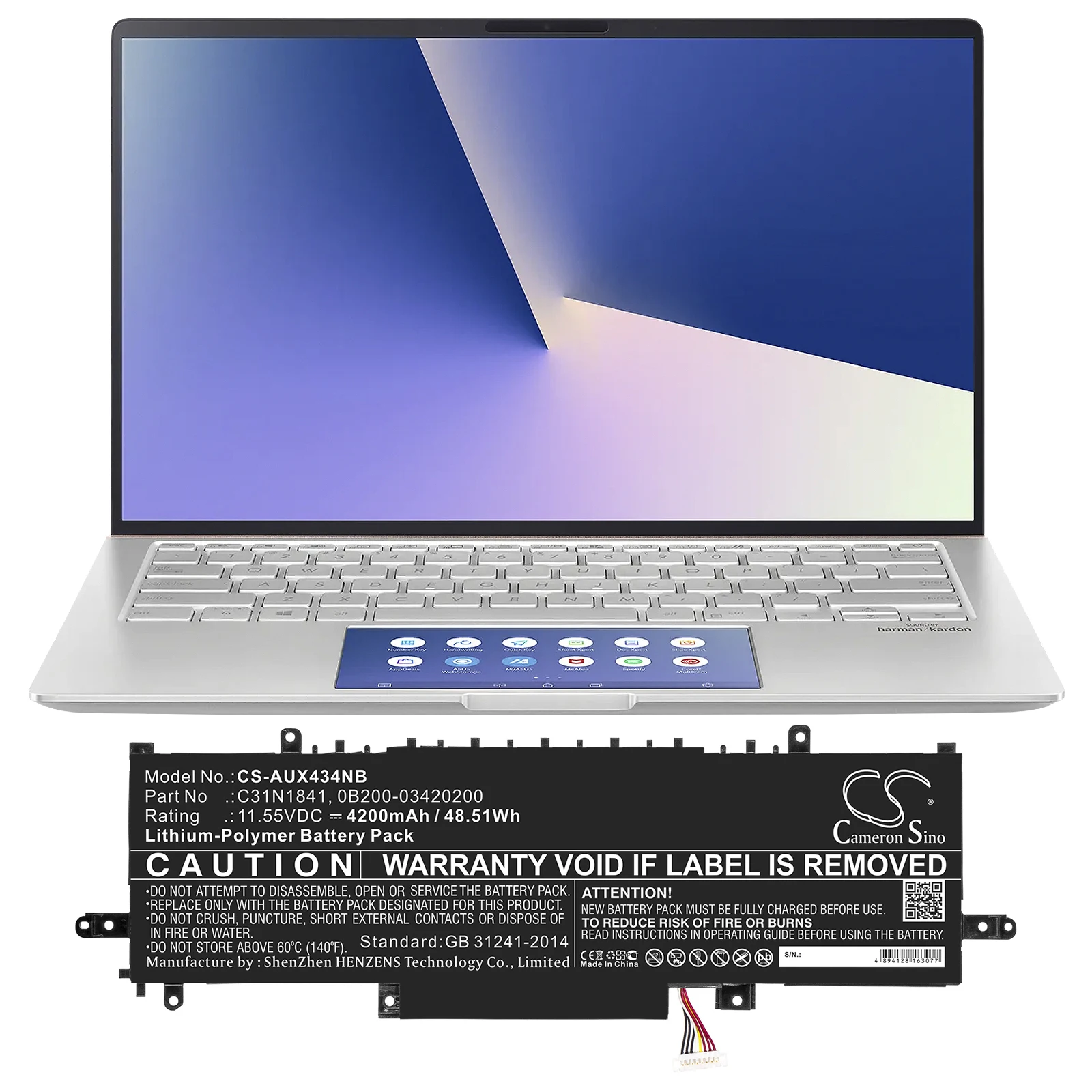 

Li-Polymer Battery for Asus 11.55V 4200mAh Compatible models: ZenBook 14 UX434FL-AI034R,ZenBook 14 UX434FLC-A5255R,ZenBook 14 UX