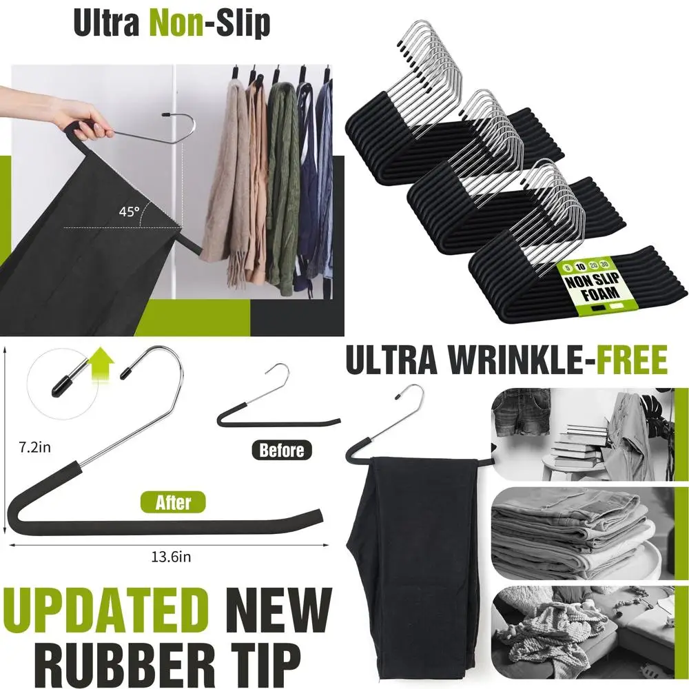 

Chrome-Plated Heavy-Duty Non-Slip Sponge-Padded Hangers, Black, Space-Saving for 30 Pants